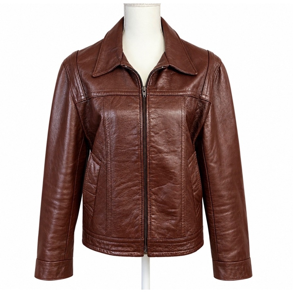 Vintage Cosa Nova Womens Leather Jacket M Full Zip Pockets Brown Retro 70s 80s